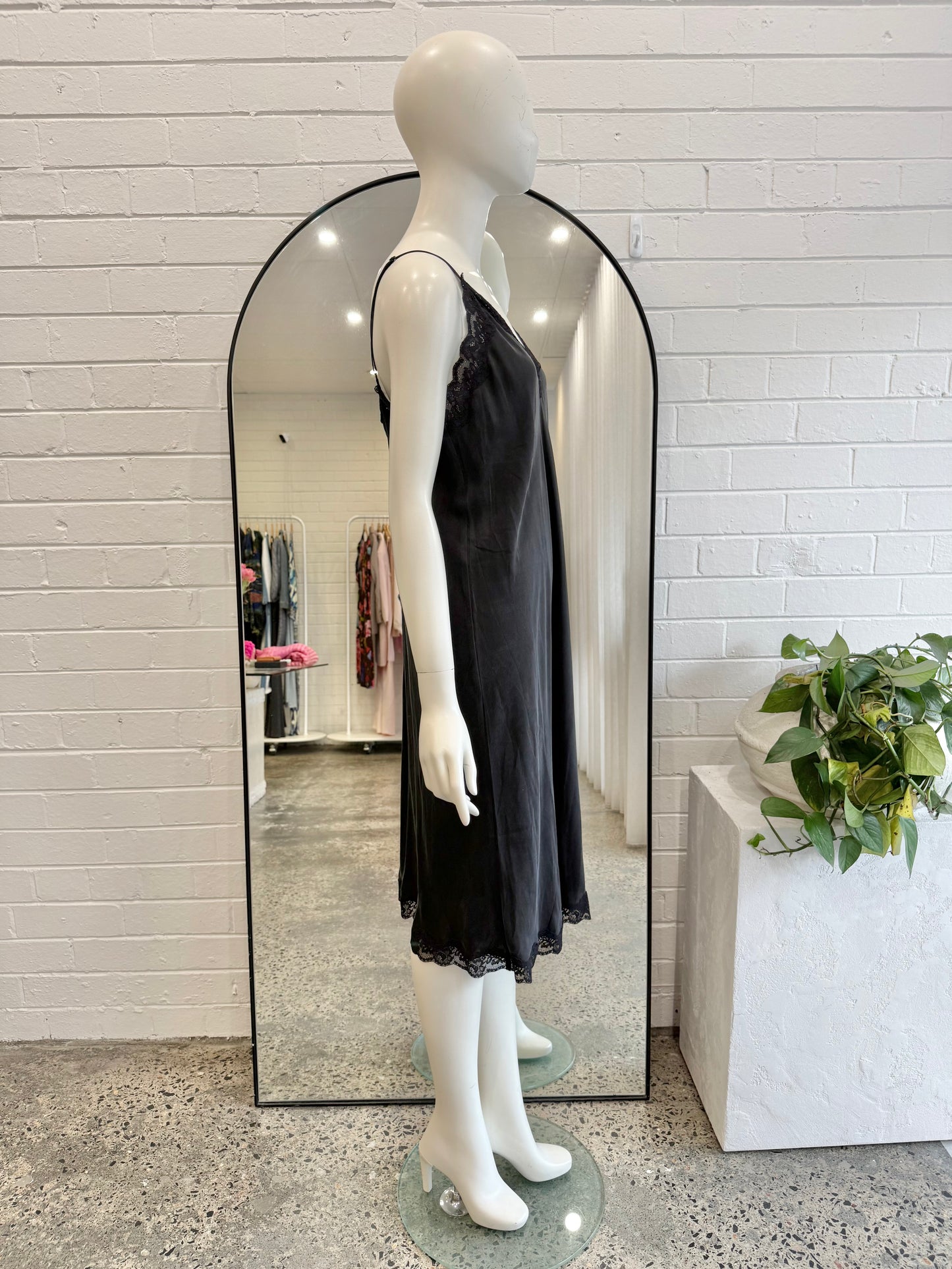 Papinelle Black Camille Silk Lace Long Slip Dress - Size L (12 - 14)
