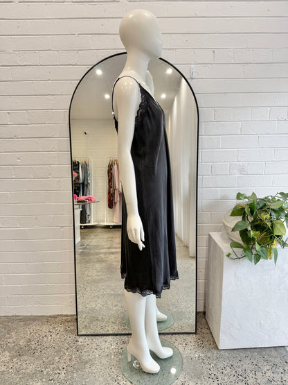 Papinelle Black Camille Silk Lace Long Slip Dress - Size L (12 - 14)