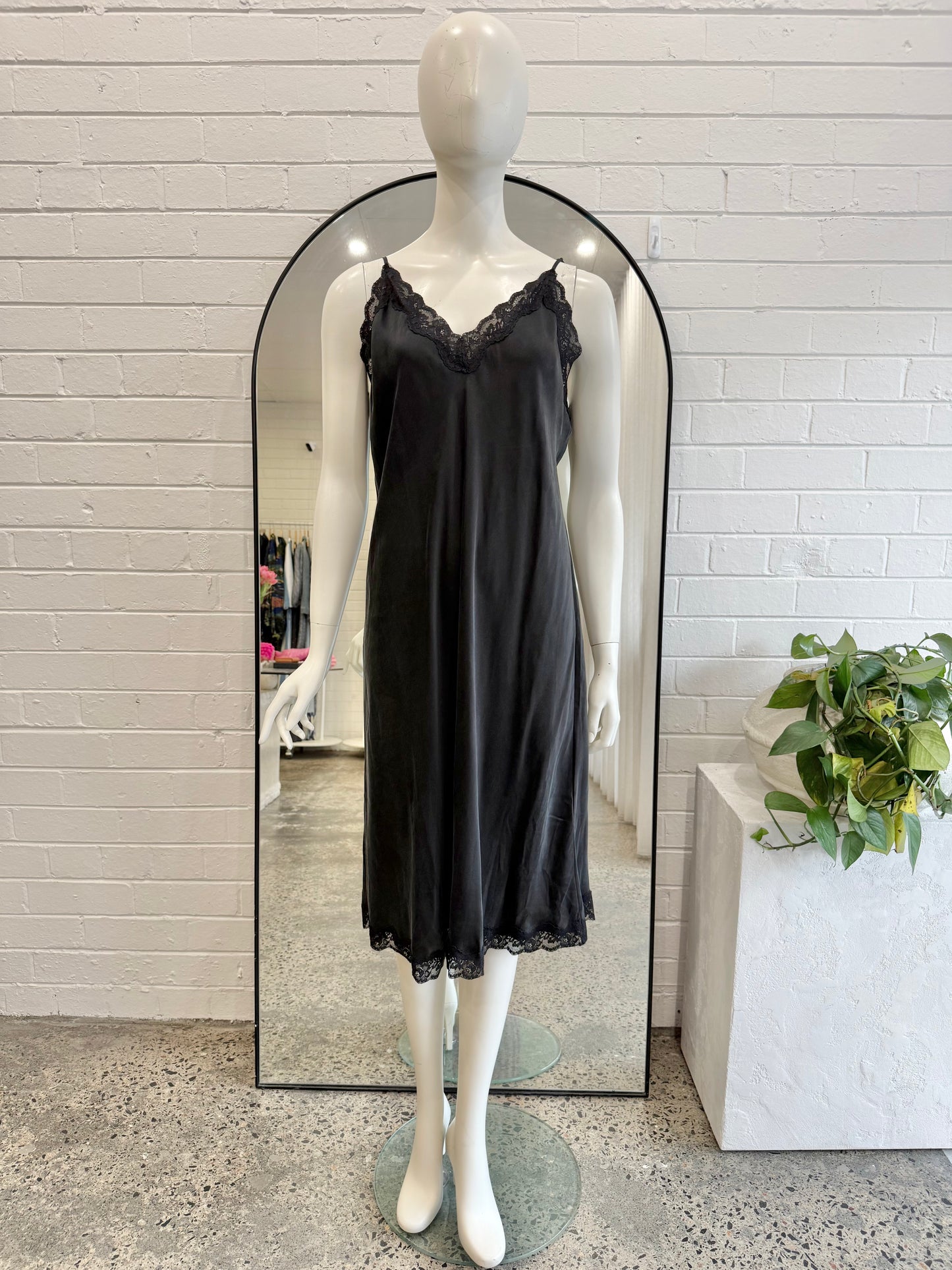 Papinelle Black Camille Silk Lace Long Slip Dress - Size L (12 - 14)