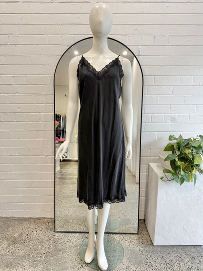 Papinelle Black Camille Silk Lace Long Slip Dress - Size L (12 - 14)