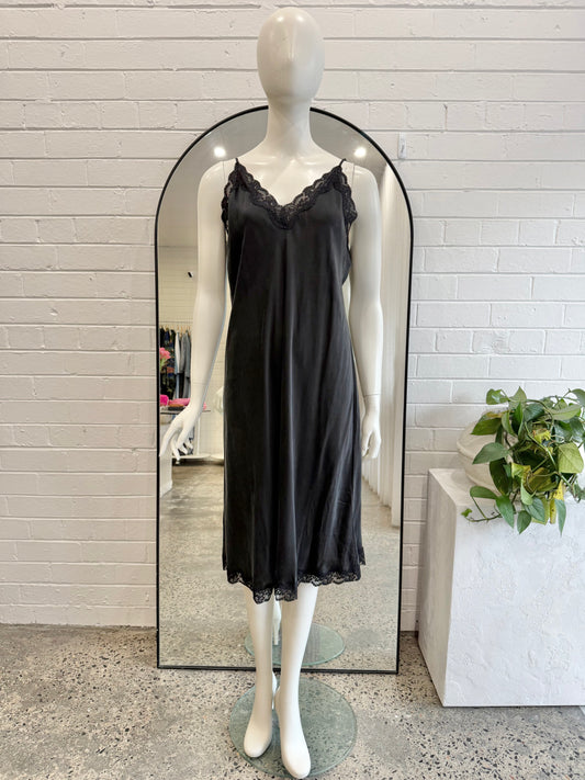Papinelle Black Camille Silk Lace Long Slip Dress - Size L (12 - 14)