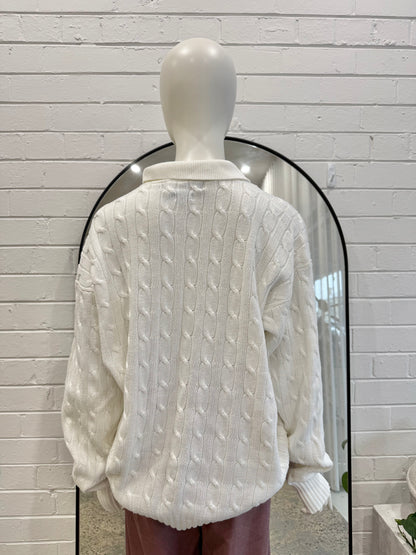 Polo By Ralph Lauren White Cable Knit Polo Jumper - Size L (14 - 16)