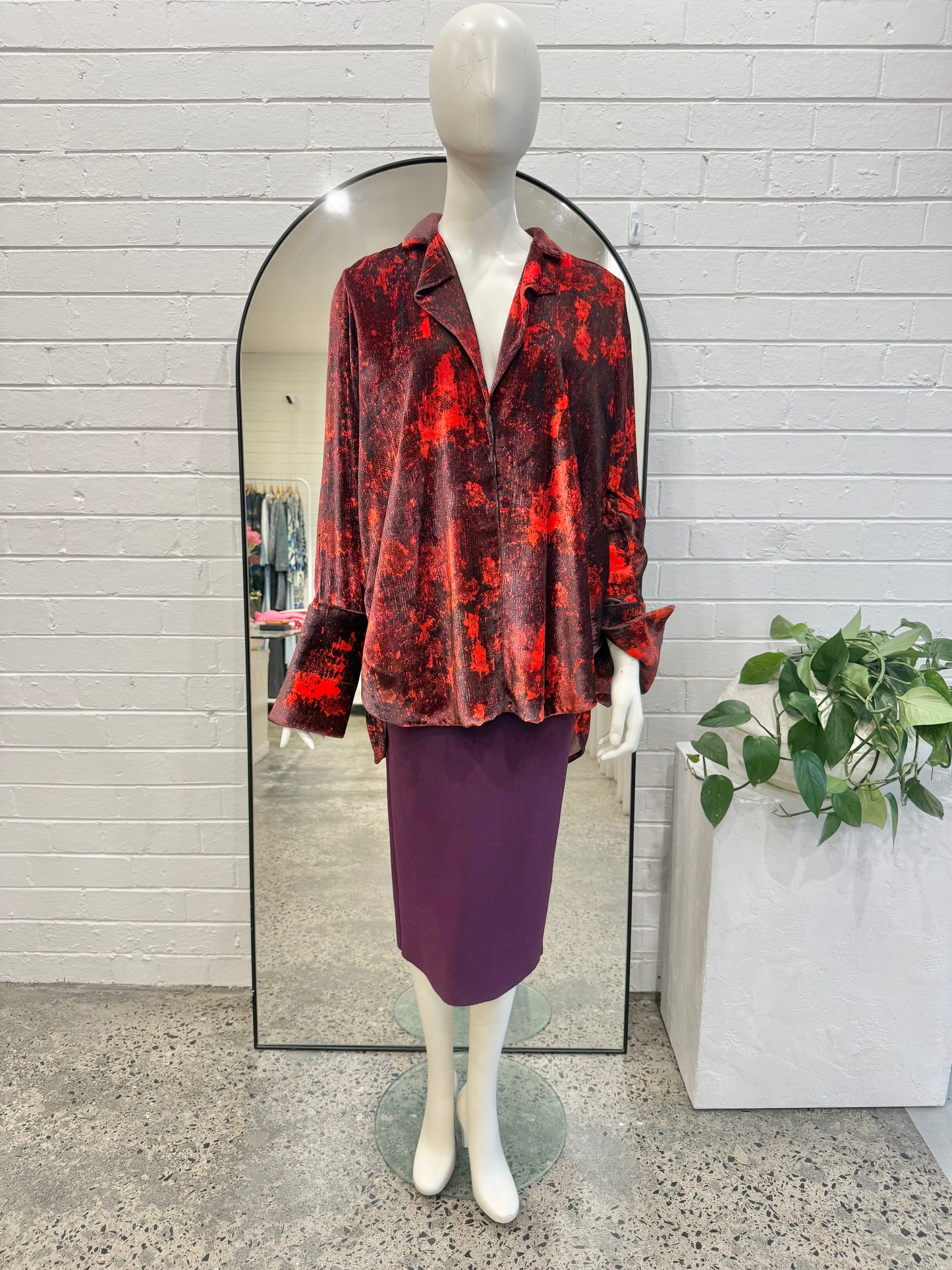 Ellery Red and Black Snake Print Velour Shirt - Size 10