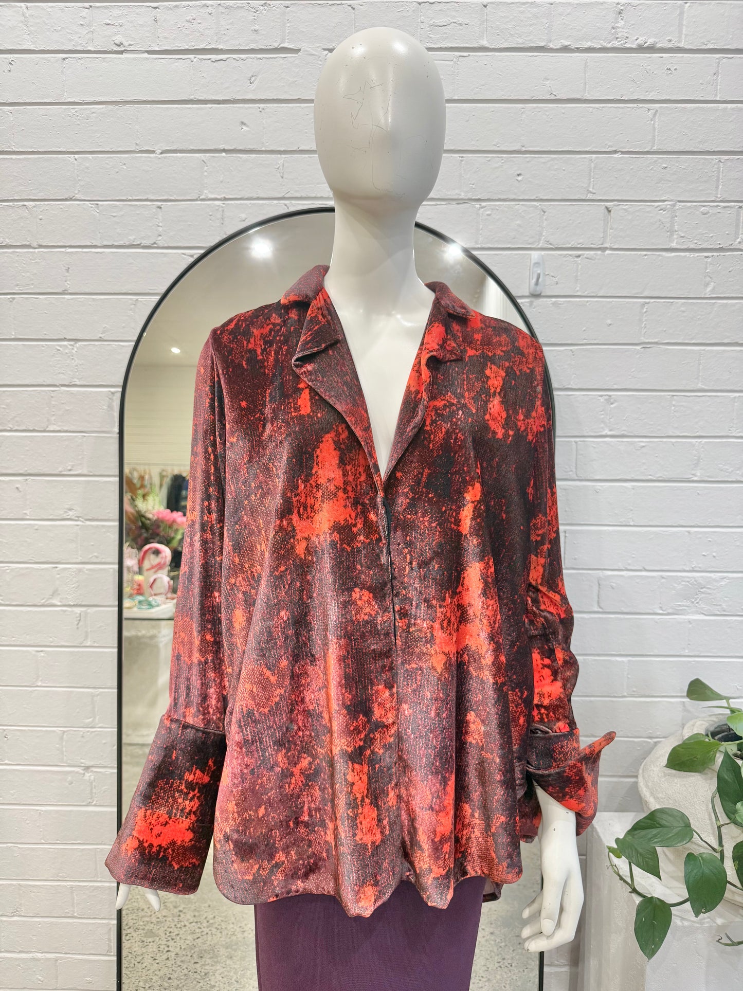 Ellery Red and Black Snake Print Velour Shirt - Size 10