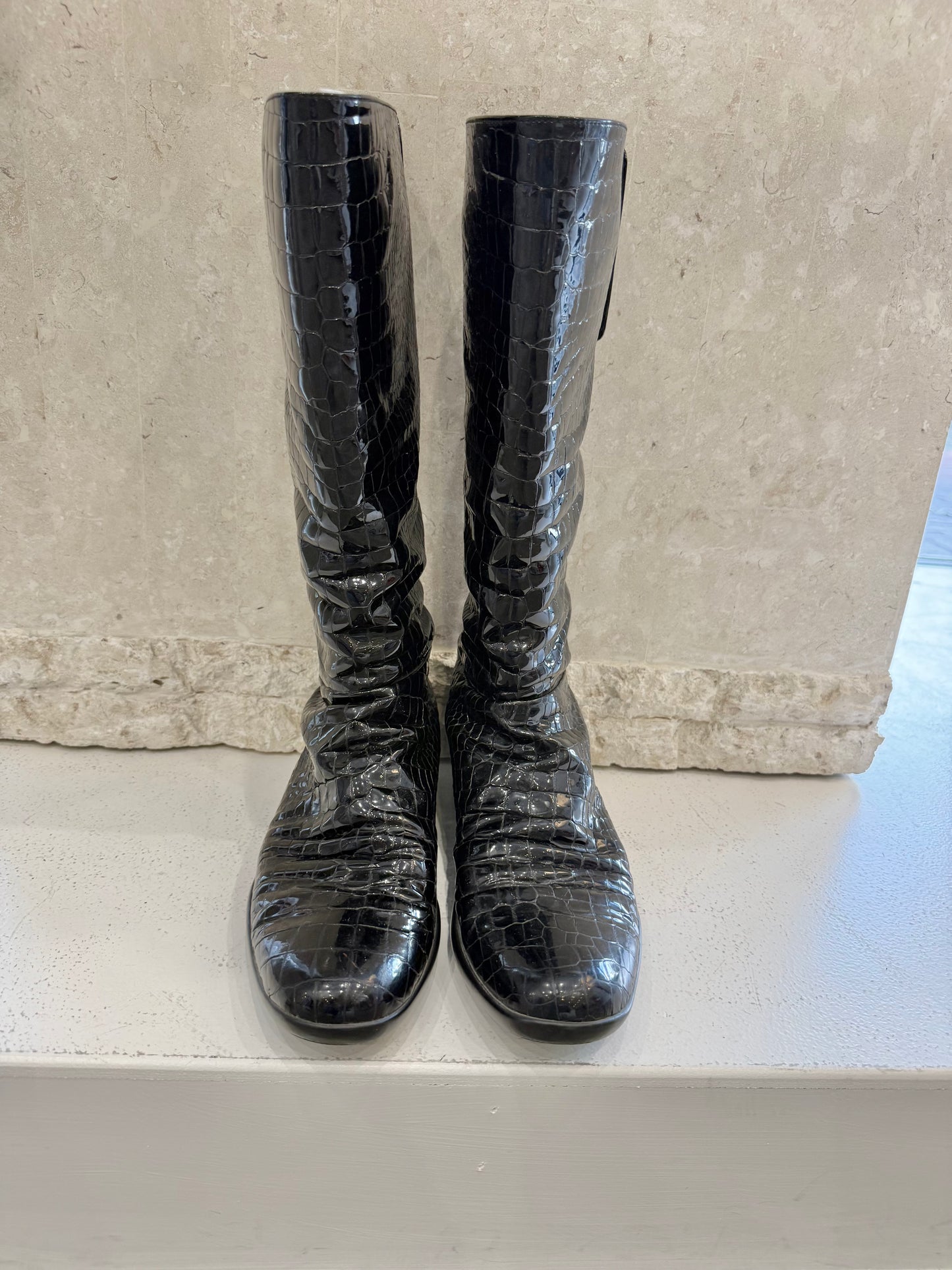 Vintage Prada Patent Leather Croc Embossed Boots - Size 40