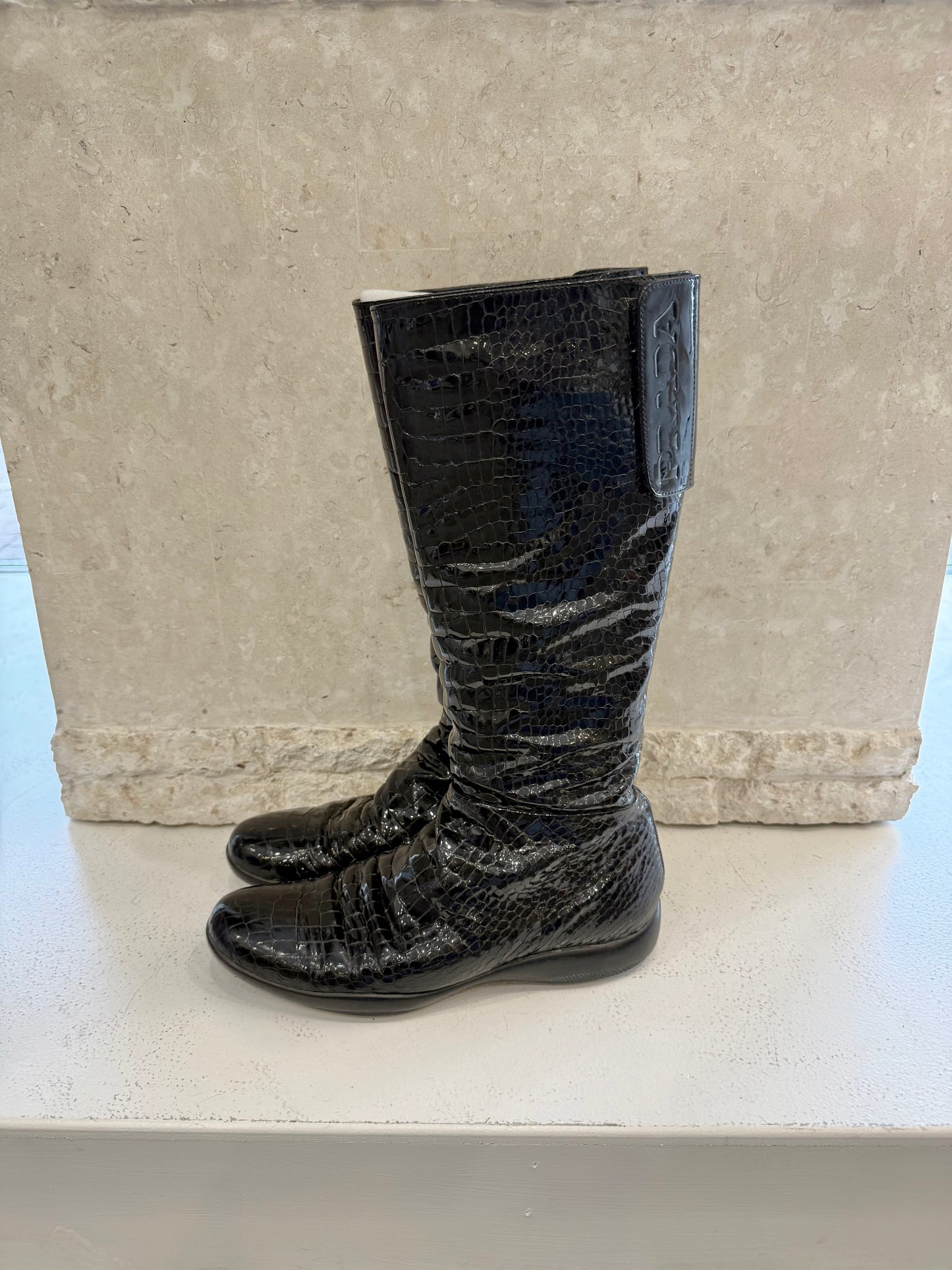 Vintage Prada Patent Leather Croc Embossed Boots - Size 40