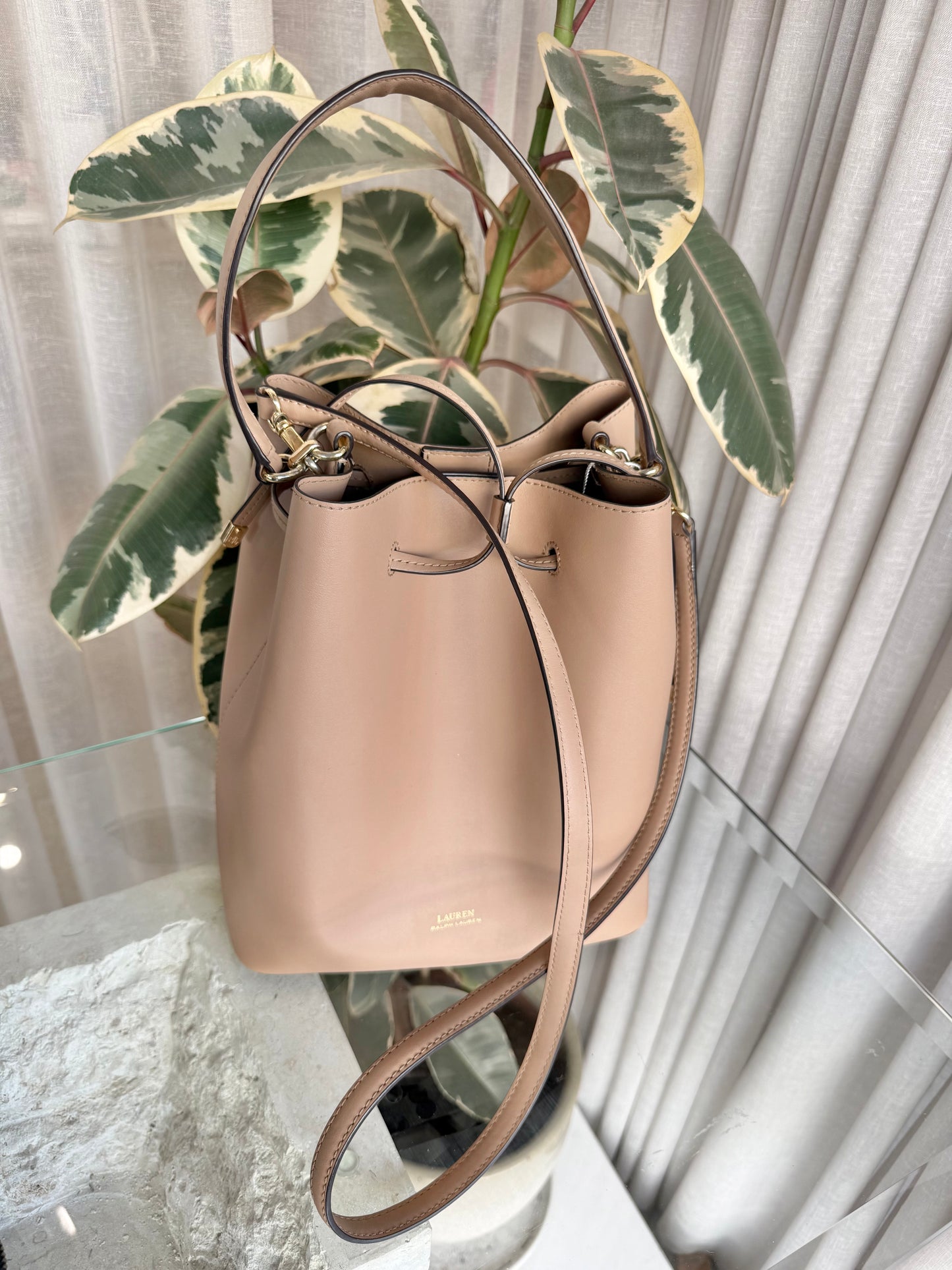 Lauren Ralph Lauren Nude Leather Debby Bucket Bag