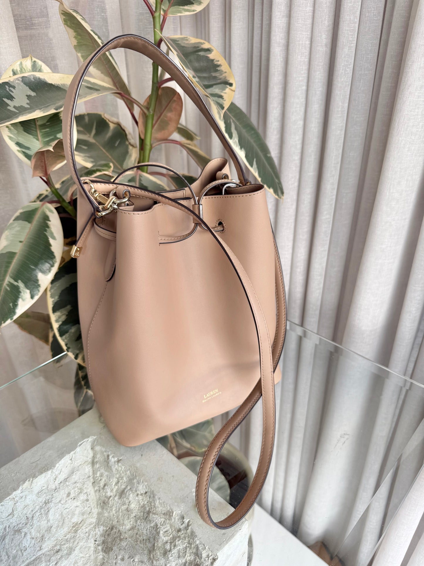 Lauren Ralph Lauren Nude Leather Debby Bucket Bag