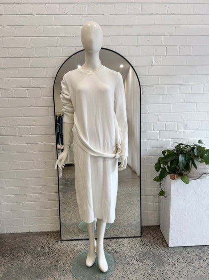 Scanlan Theodore White Ribbed Belted Midi Dress - Size M (10 - 12)