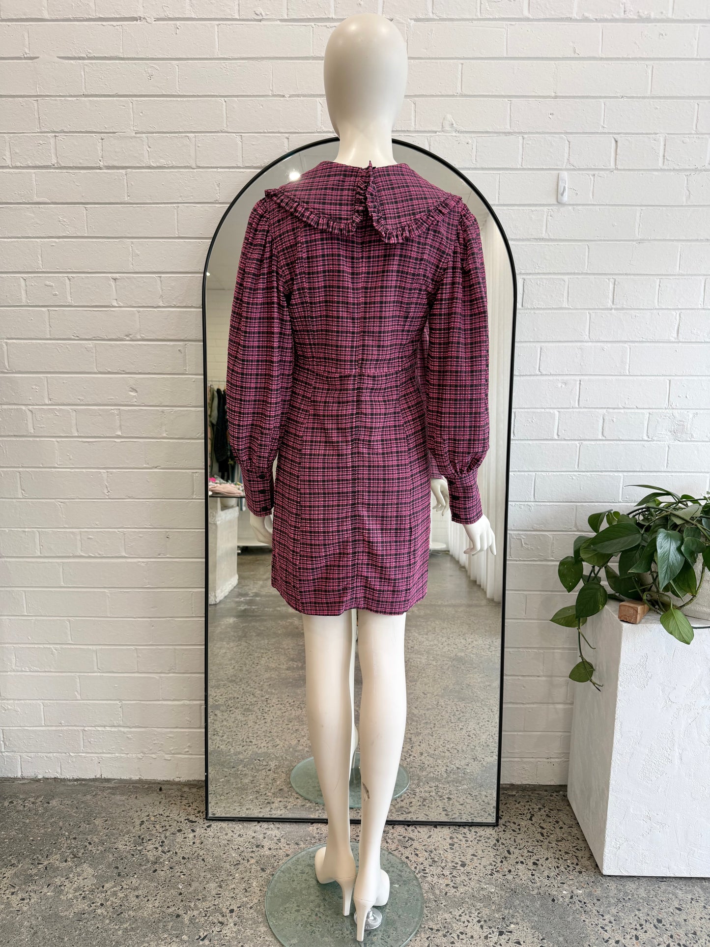 Ganni Plox Pink Check Seersucker Mini Dress - Size 10