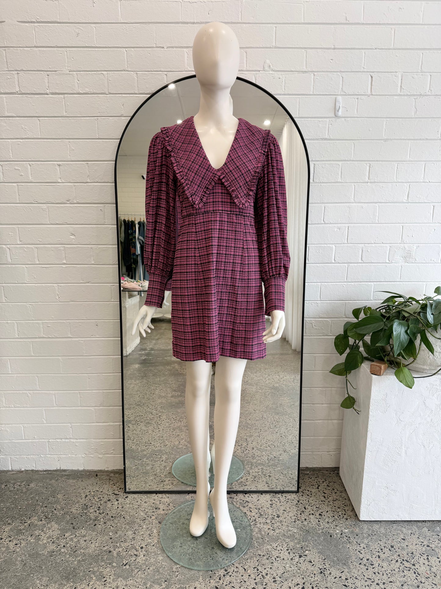 Ganni Plox Pink Check Seersucker Mini Dress - Size 10