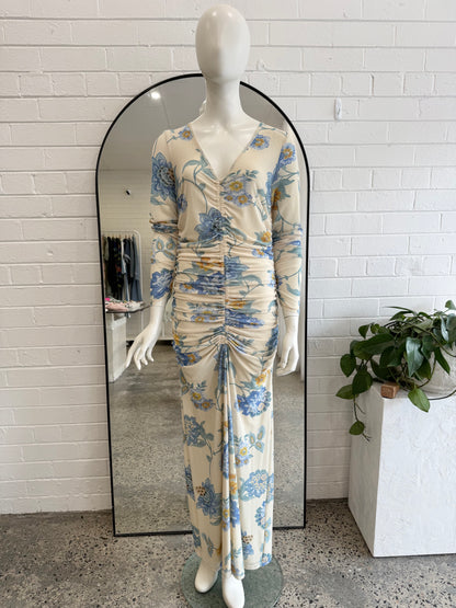 Kivari Cream and Blue Floral Giselle Maxi Dress - Size 14