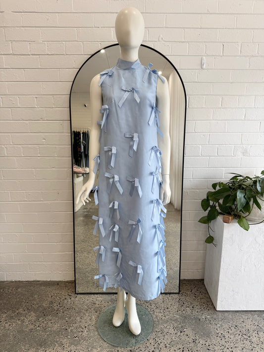 Sister Jane Light Blue Bow Embellished Taffeta Midi Dress - Size M (12 - 14)