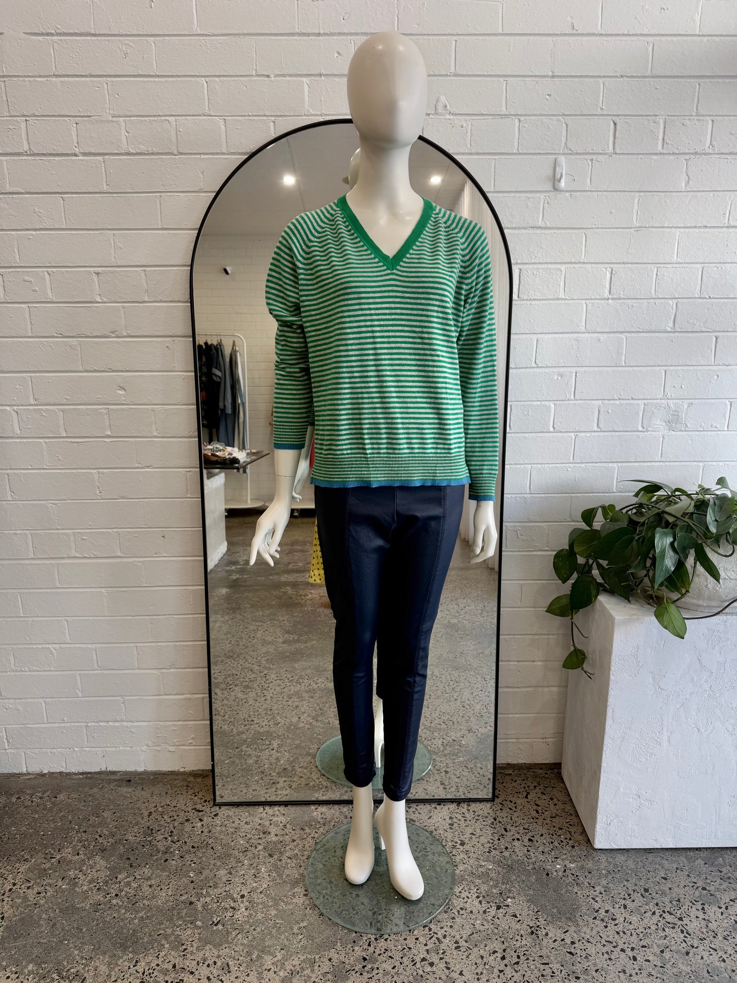 Zaket and Plover Green and Beige Stripe V Essential Knit Jumper - Size L (10 - 12)