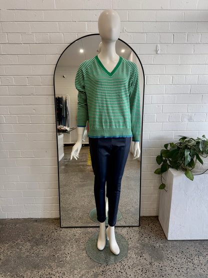 Zaket and Plover Green and Beige Stripe V Essential Knit Jumper - Size L (10 - 12)