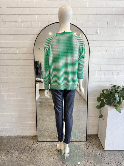 Zaket and Plover Green and Beige Stripe V Essential Knit Jumper - Size L (10 - 12)