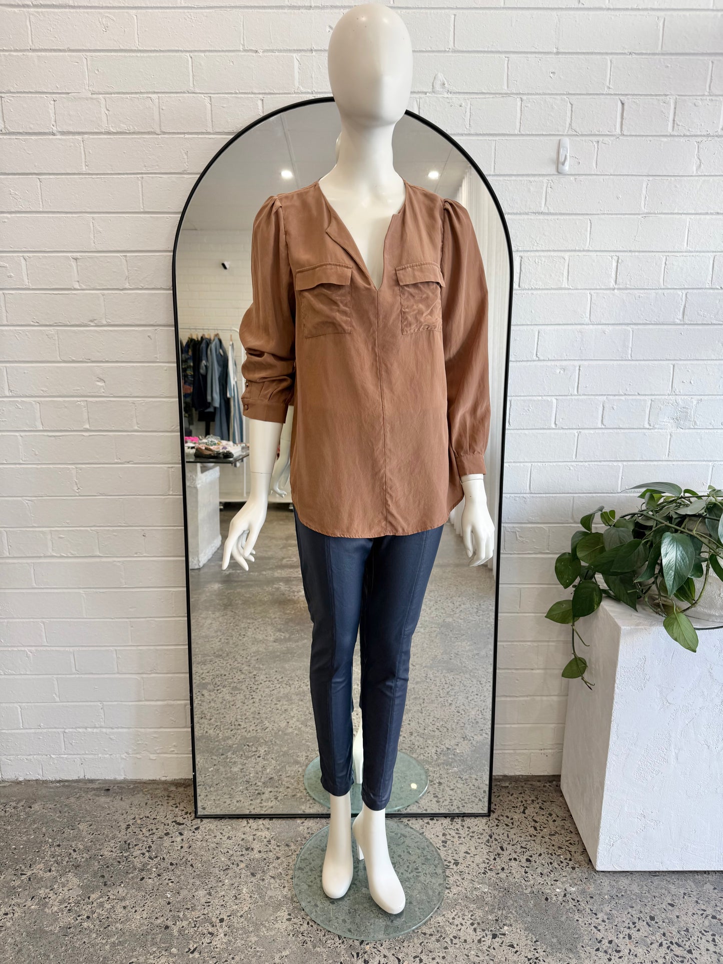 Thurley Tan Silk Blouse - Size 14