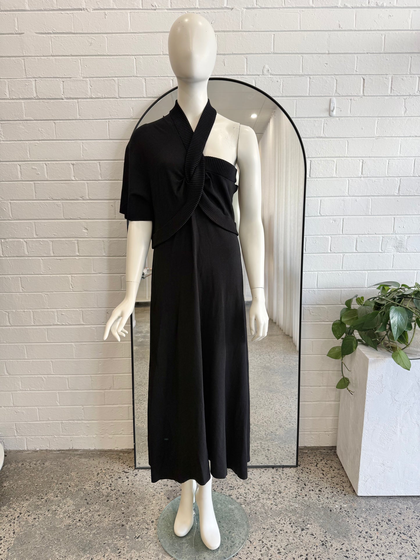 Oroton Black Asymmetric Knit Midi Dress - Size L (12)
