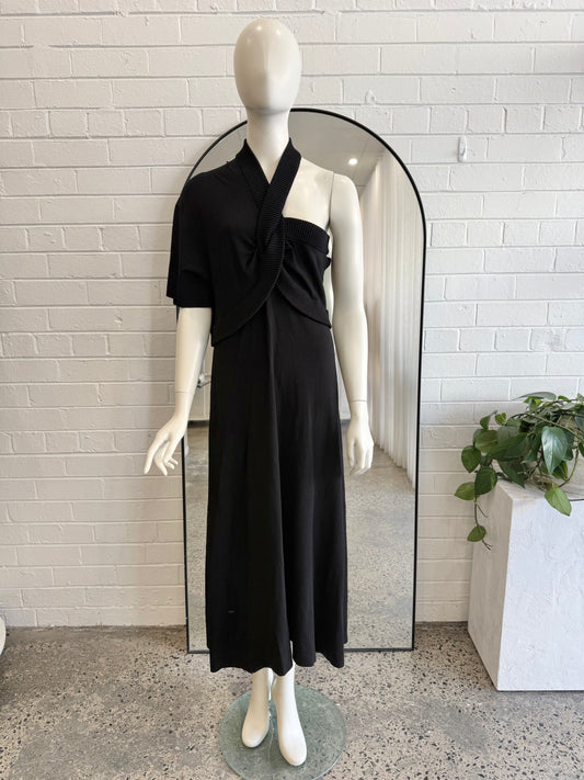 Oroton Black Asymmetric Knit Midi Dress - Size L (12)