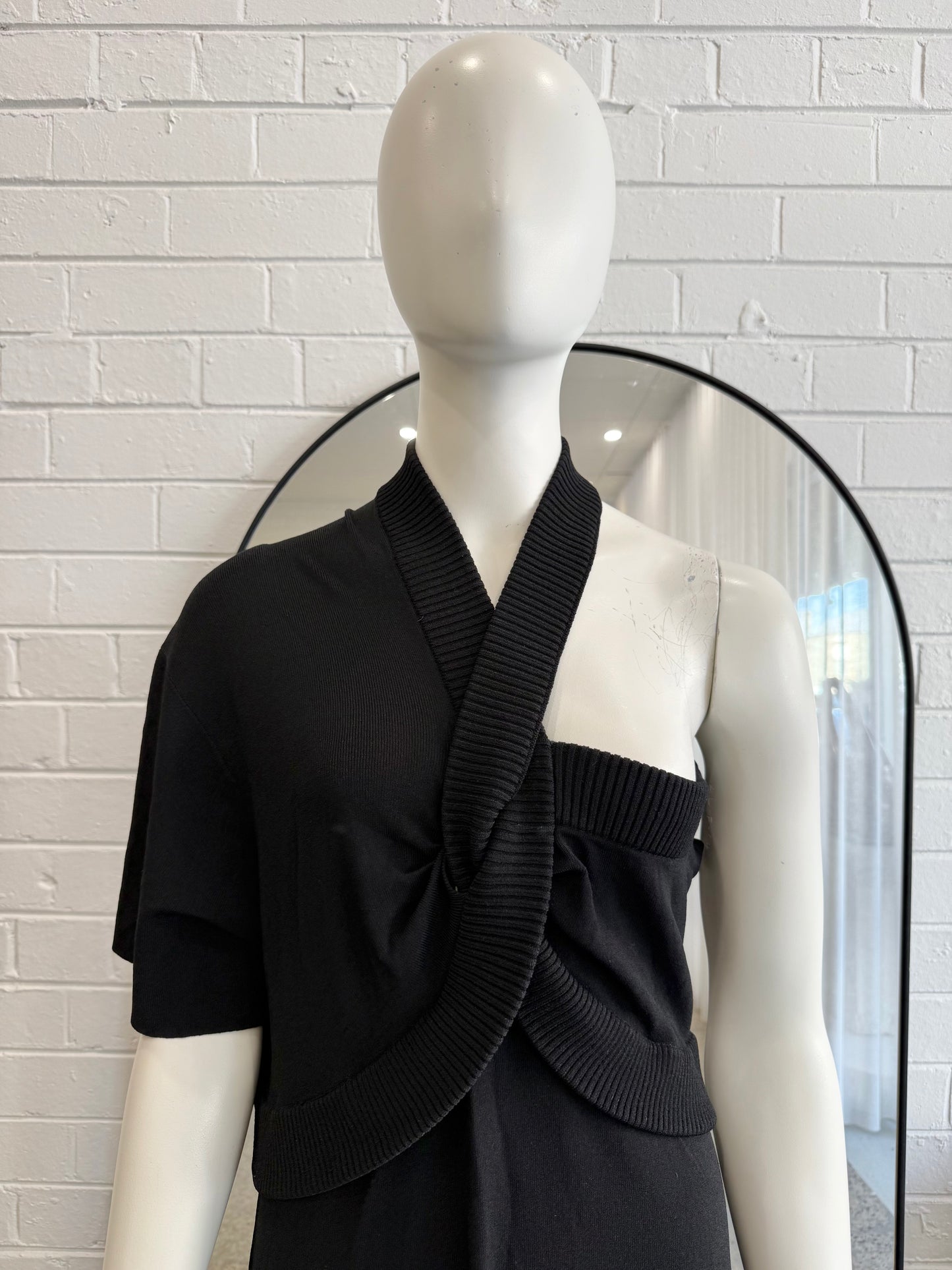 Oroton Black Asymmetric Knit Midi Dress - Size L (12)
