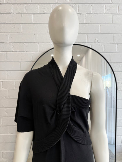 Oroton Black Asymmetric Knit Midi Dress - Size L (12)