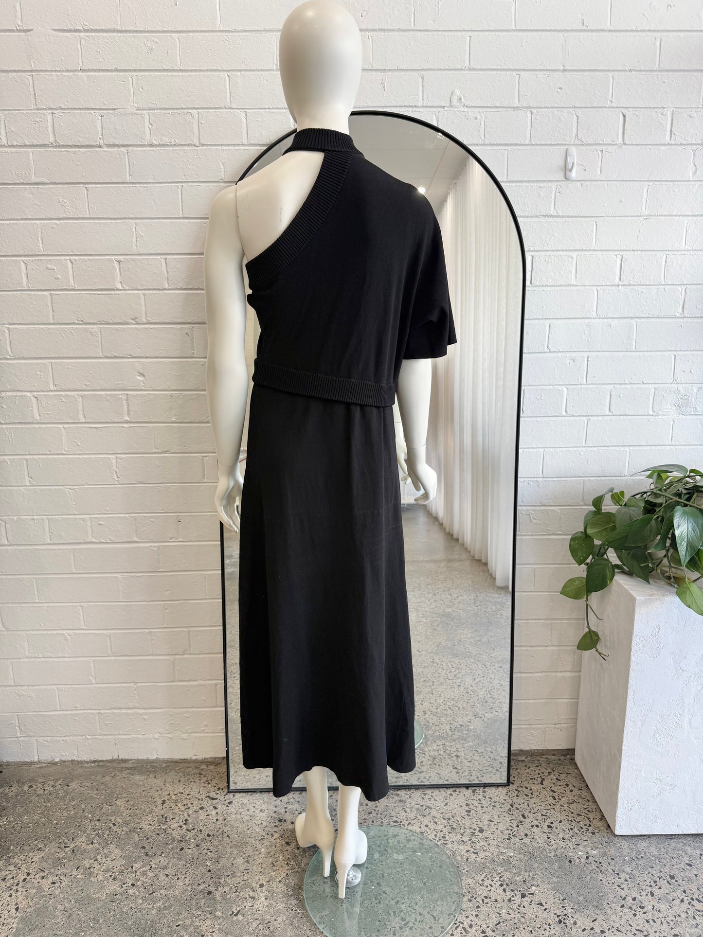 Oroton Black Asymmetric Knit Midi Dress - Size L (12)