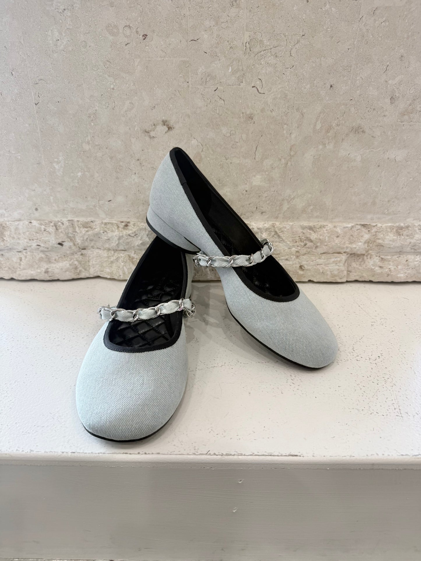Charles and Keith Blue Denim Georgie Chain Mary Jane Flats - Size 40