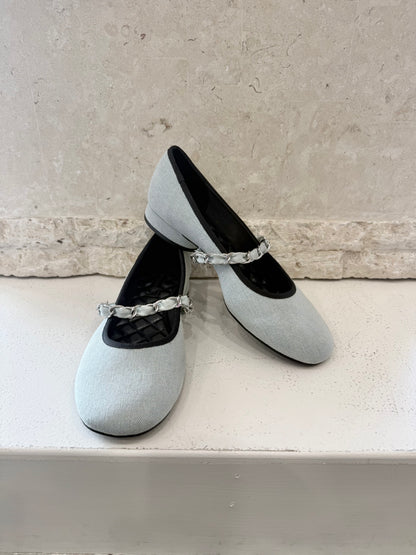 Charles and Keith Blue Denim Georgie Chain Mary Jane Flats - Size 40