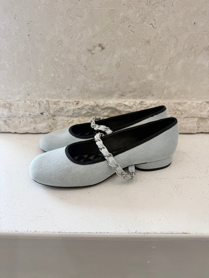 Charles and Keith Blue Denim Georgie Chain Mary Jane Flats - Size 40