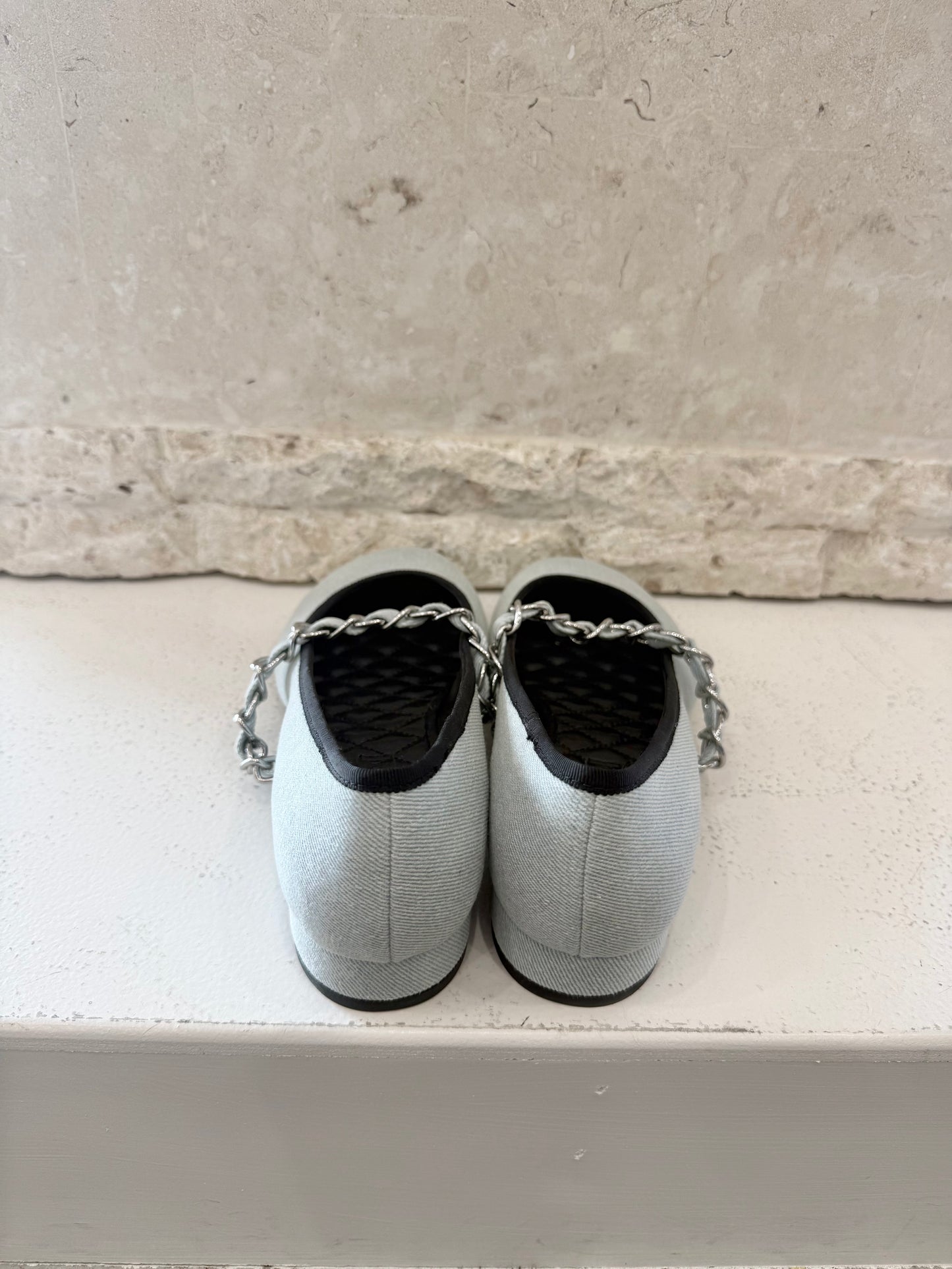 Charles and Keith Blue Denim Georgie Chain Mary Jane Flats - Size 40