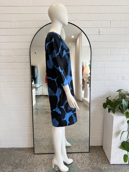 Marimekko Rara Women's Blue Black Flowers Cap Sleeve Midi Dress - Size 10