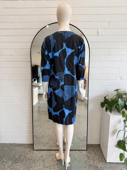 Marimekko Rara Women's Blue Black Flowers Cap Sleeve Midi Dress - Size 10