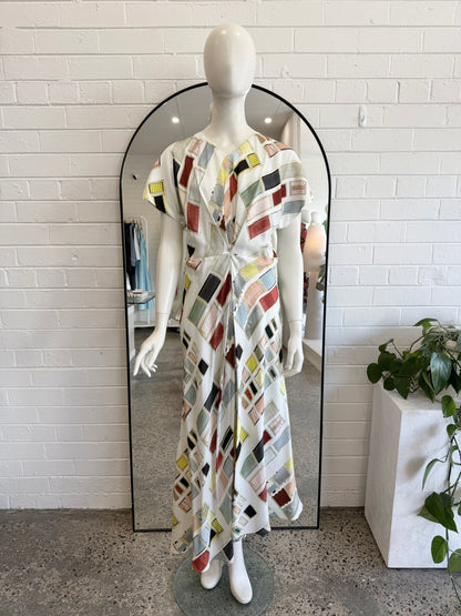 Oroton Silk Geometric Block Print Maxi Dress - Size 12