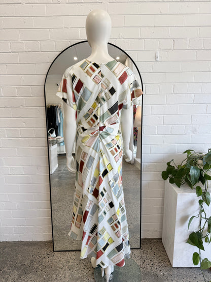 Oroton Silk Geometric Block Print Maxi Dress - Size 12