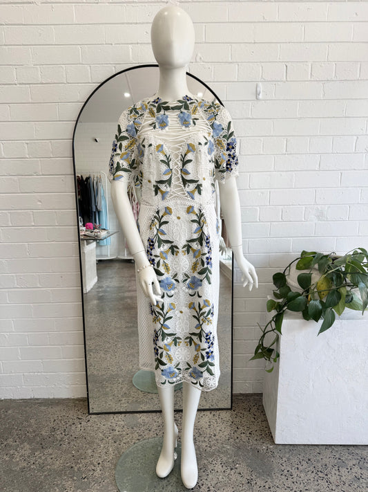 Thurley White Vasette Lace Midi Dress - Size 14