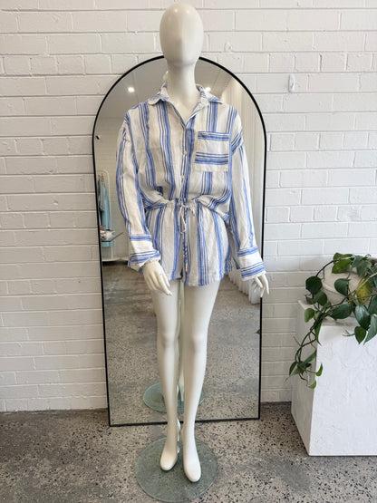 Kivari White and Blue Stripe Isabelle Shirt and Shorts - Size 8