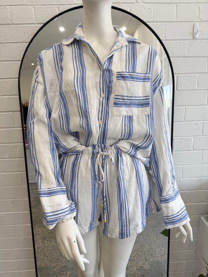 Kivari White and Blue Stripe Isabelle Shirt and Shorts - Size 8