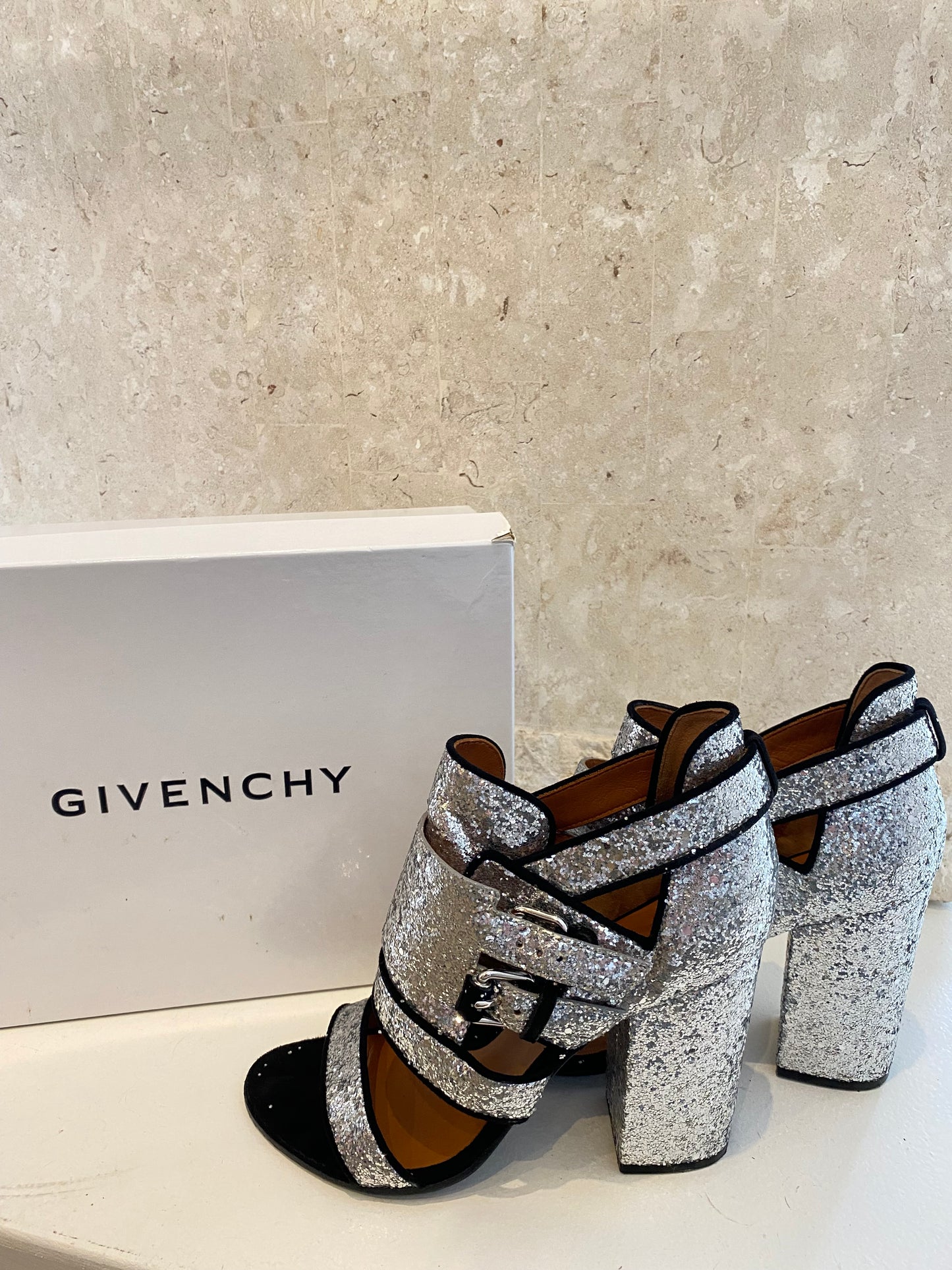 Givenchy 'Victoria Bike Glitter' Sandals in Silver - Size 38.5