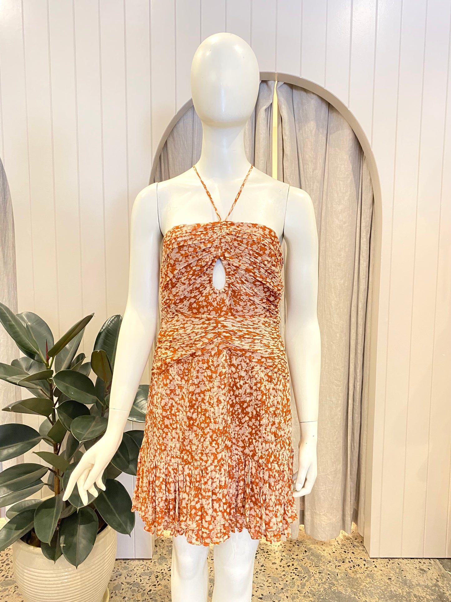 Shona Joy Orange Floral Hala Keyhole Halterneck Mini Dress - Size 12