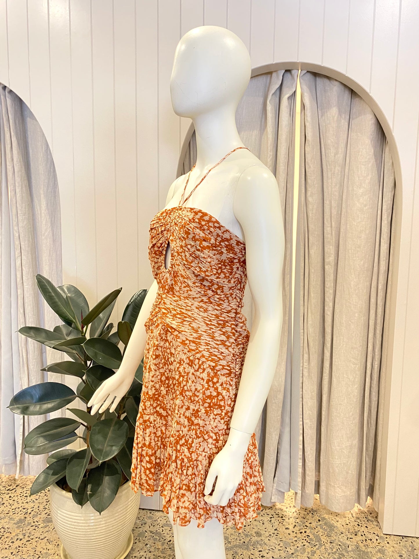 Shona Joy Orange Floral Hala Keyhole Halterneck Mini Dress - Size 12