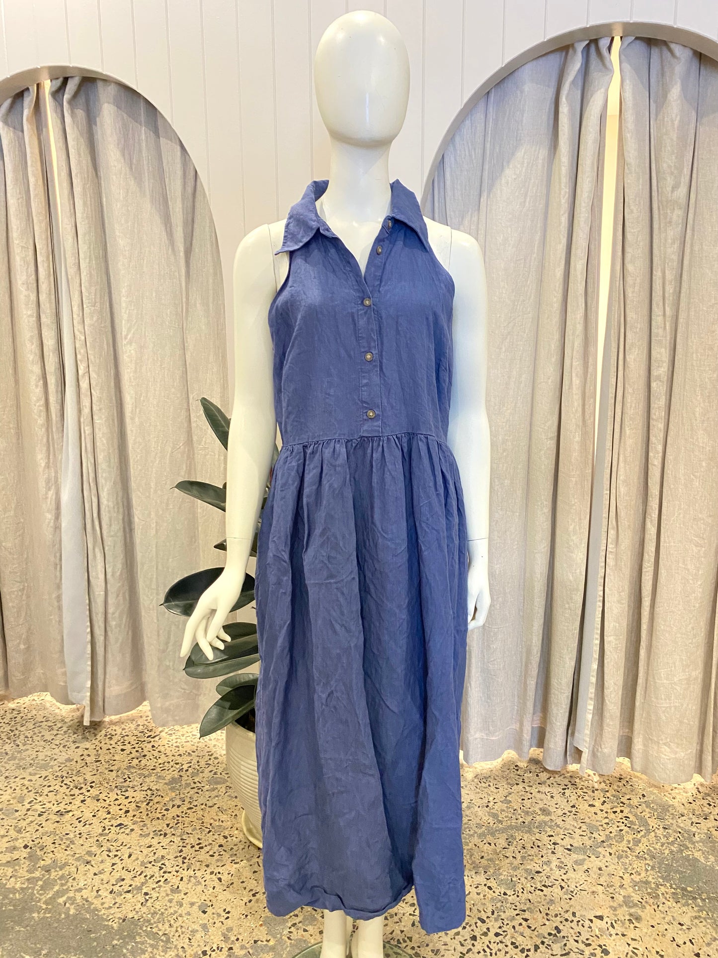 Country Road Blue Linen Halterneck Dress - Size 14