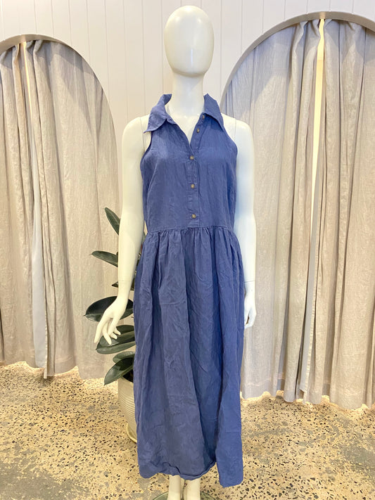 Country Road Blue Linen Halterneck Dress - Size 14