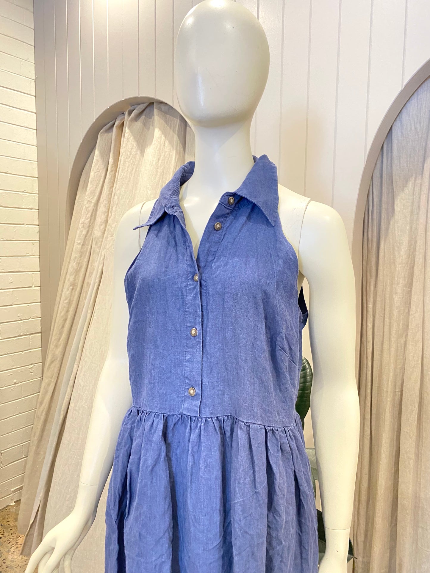 Country Road Blue Linen Halterneck Dress - Size 14