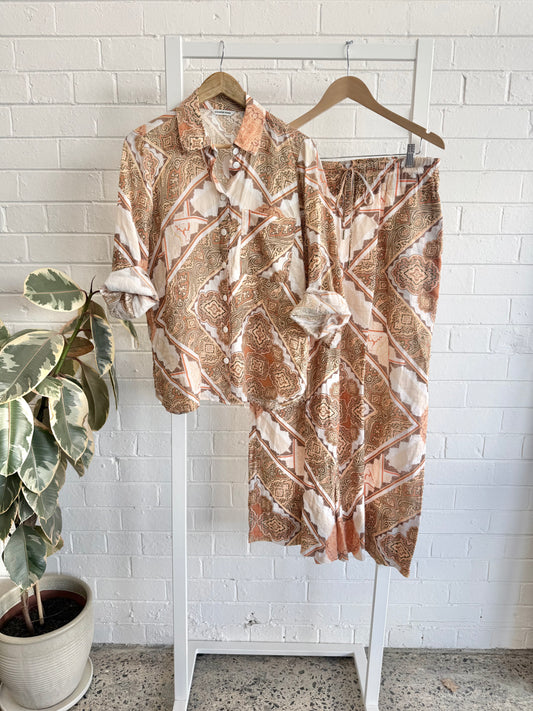 Country Road Orange Printed Linen Pant and Shirt Set - Size 10 - 12