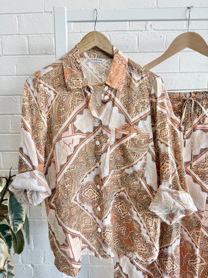 Country Road Orange Printed Linen Pant and Shirt Set - Size 10 - 12