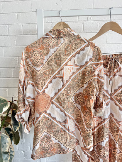 Country Road Orange Printed Linen Pant and Shirt Set - Size 10 - 12