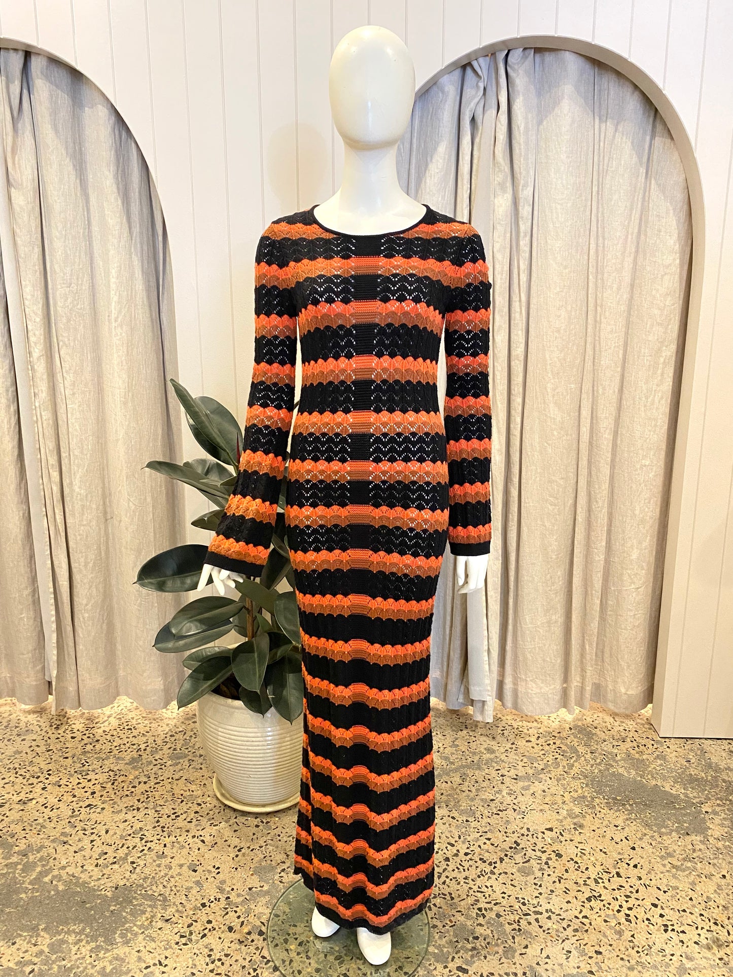 Shona Joy Black and Orange Isla Crochet Low Back Maxi Dress - Size S