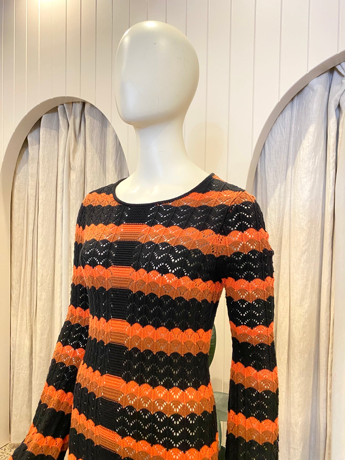 Shona Joy Black and Orange Isla Crochet Low Back Maxi Dress - Size S