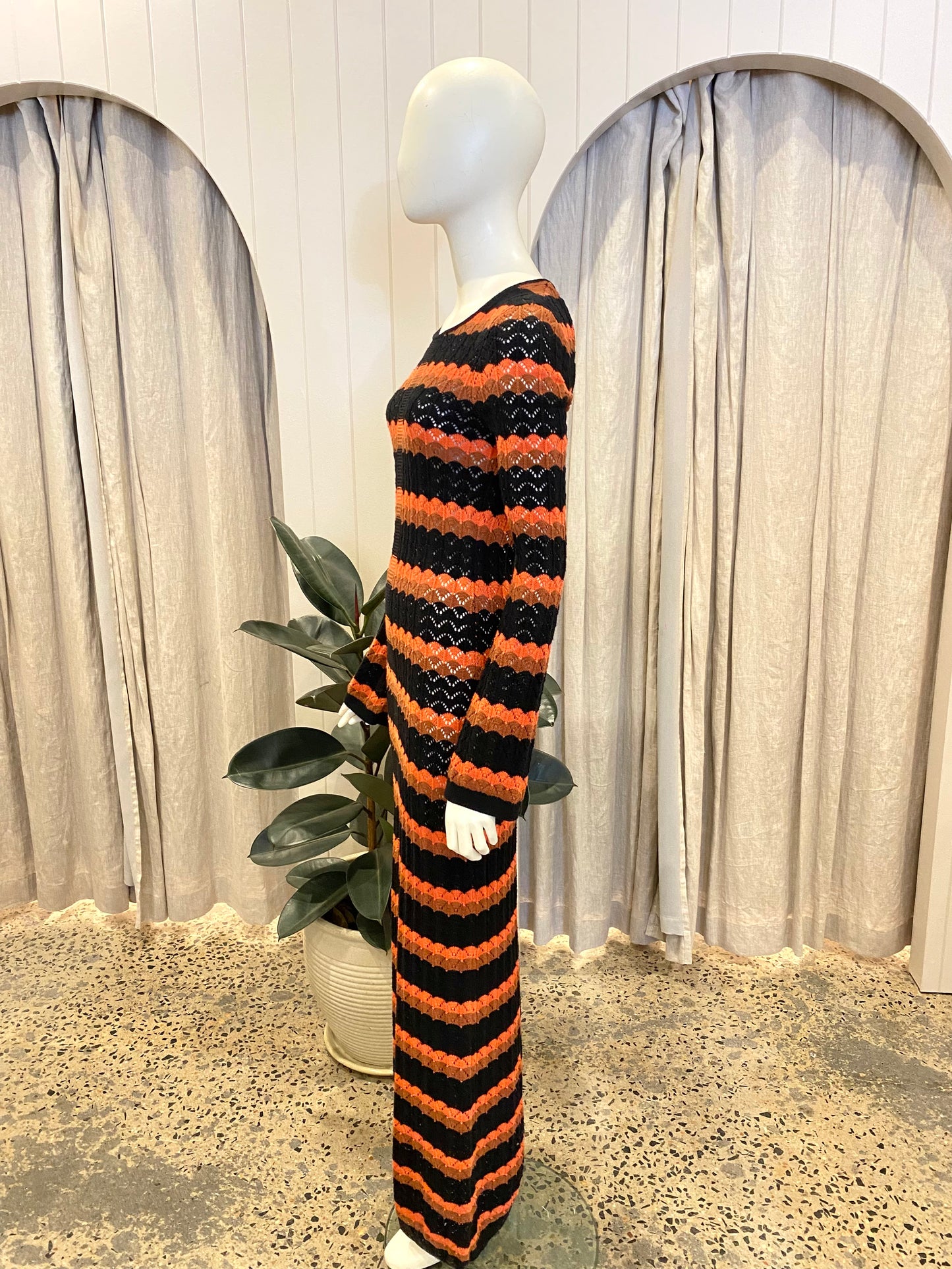 Shona Joy Black and Orange Isla Crochet Low Back Maxi Dress - Size S