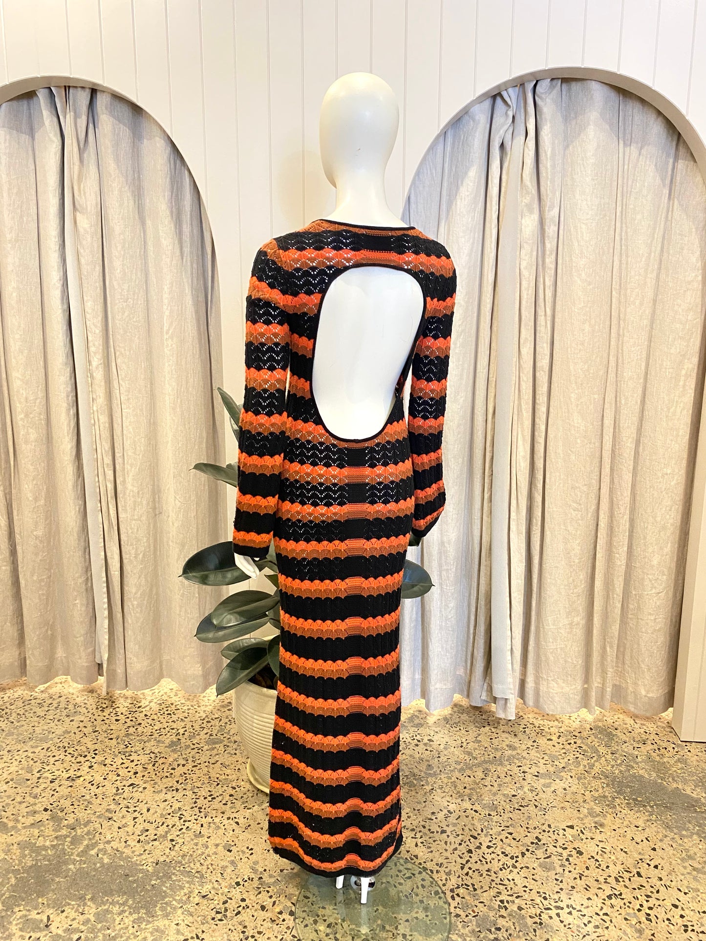 Shona Joy Black and Orange Isla Crochet Low Back Maxi Dress - Size S